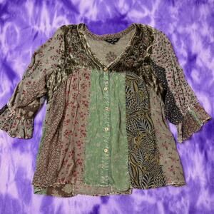 Young threads green patchwork floral and velvet whimsigoth boho top